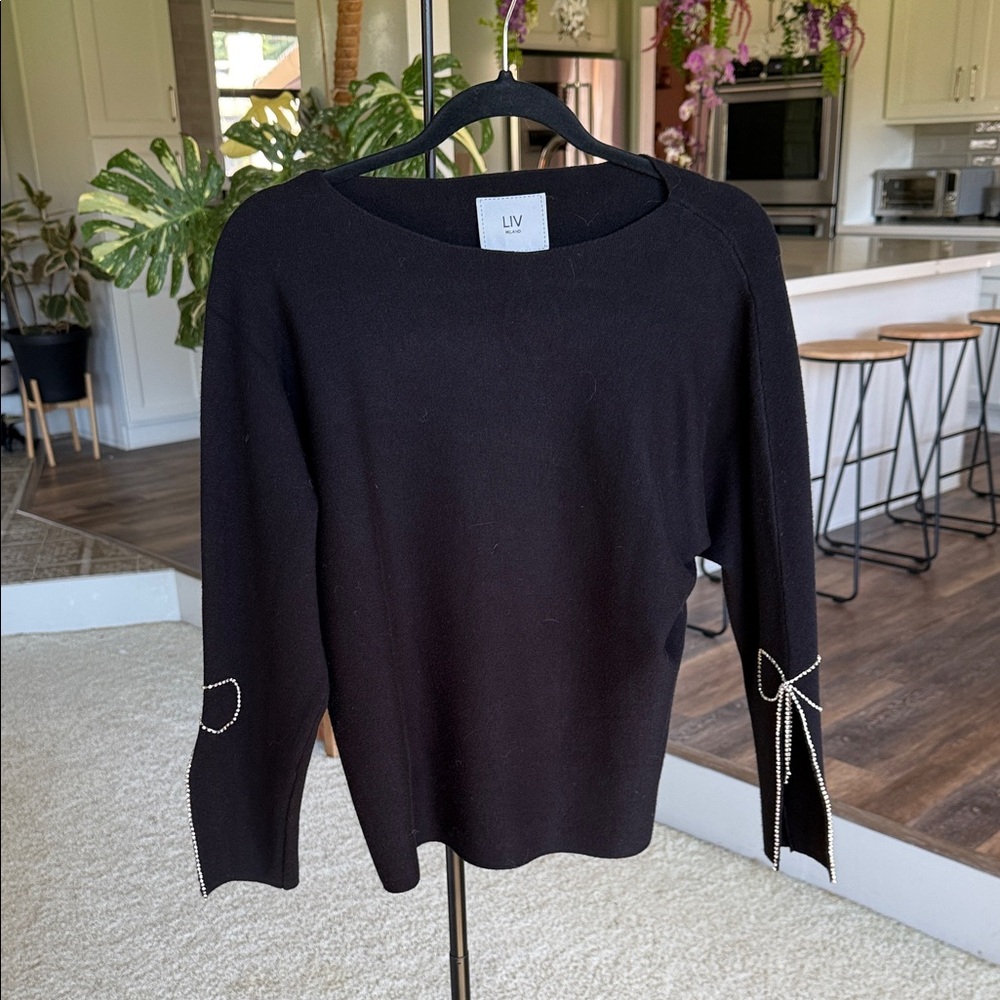 LIV Black Crewneck Sweater with Bow-Trim Sleeves